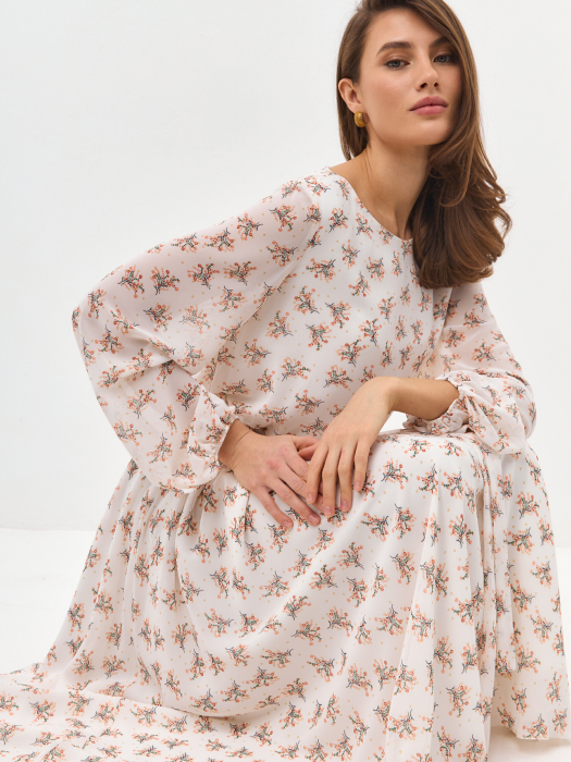 Платье макси Milana белый шифон с оранжевыми цветочками